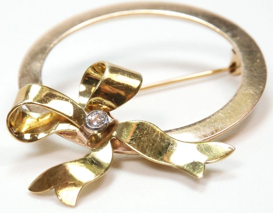 Prendedor de arco de diamante circular retro Estate de 13 quilates oro blanco verde rosa 6 gramos 1,7 x 1,3" Foto 2 de 4