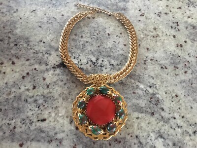Vintage Miriam Haskell Red & Green Medallion with Chain Necklace