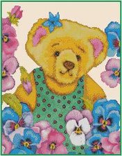 Teddy Bear with Pansies Counted Cross Stitch Chart No.28-101