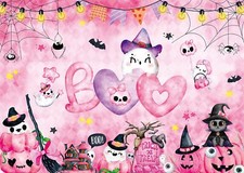 Halloween Pink Boo Backdrop Ghost Pumpkin Bat Pastel Background