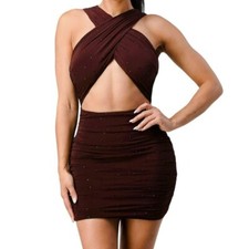 Privy Beaded Sparkle Crossover Bodycon Mini Dress Brown Size Small NWT