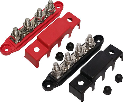 (Red & Black) 3/8'' 4 Stud Bus BAR Power Distribution Block - Made in the USA - f