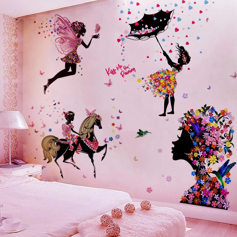 Flower Girl Butterfly Flower Art Kids Girl Bedroom Decor Wall Sticker DIY  Decals