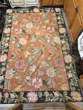 Needlepoint Rug Vintage Handmade Flat Weave Coral Green Brown 5’4”x8’1” Floral