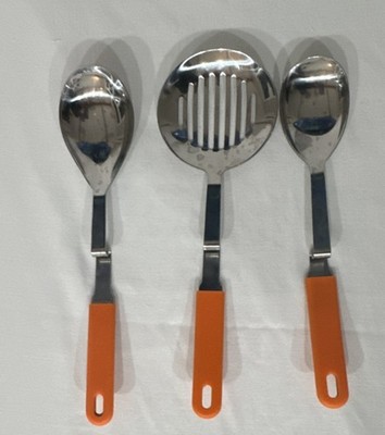 Stainless Steel Cooking Utensil Set 3-Piece Orange Plastic Handles