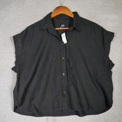 GAP Top Women's Large Black Linen Blend Button Front Short Sleeve Cropped NWT