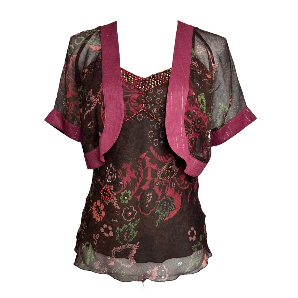 Vintage Y2K Silk Cami Top Set US S Brown Red Floral Beaded Whimsigoth Camomilla - Image 3 of 4