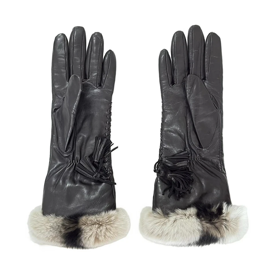 Auth Gloves - Black Light gray Leather Fur Women's - Image 3 of 4