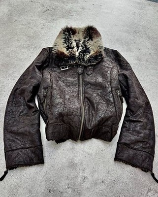 Vintage Men s Brown Faux Leather Bomber Jacket Fur Trim Collar