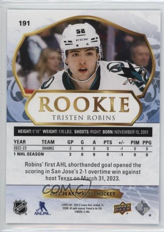 2023-24 Upper Deck Artifacts Rookies Purple /25 Tristen Robins #191 Rookie RC - Image 2 of 2