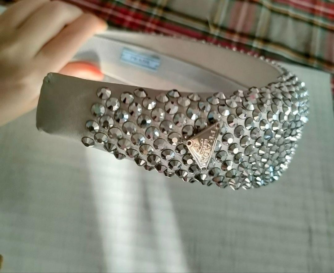 Prada Triangle Logo Crystal Rhinestone Satin Silver Wide Headband