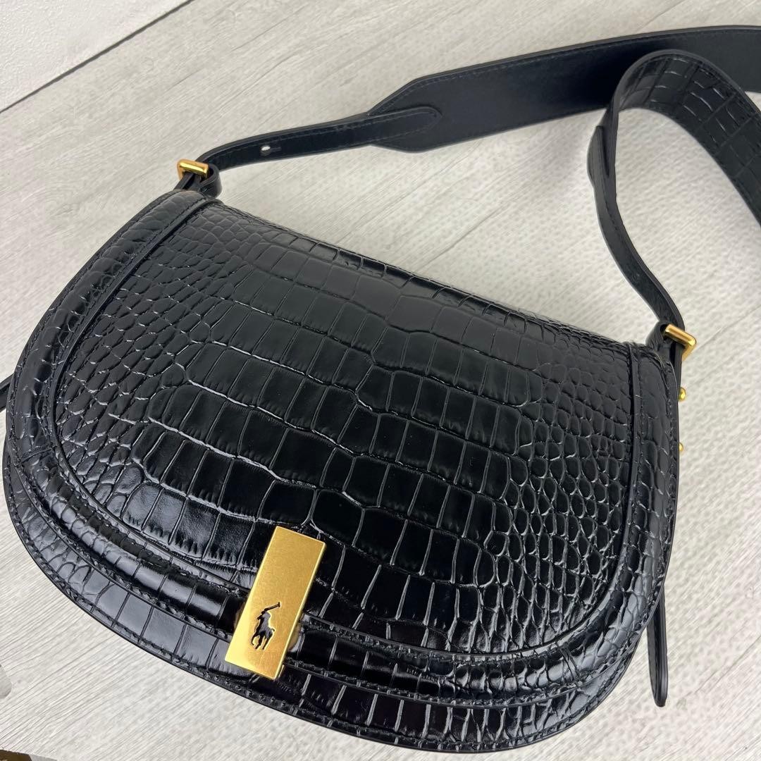 Polo Ralph Lauren ID Shoulder Bag Saddle Bag embossed Black Leather Women's Auth