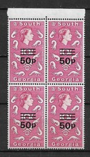 SÜDGEORGIEN SG31 50p ON 10s QEII SURCHRAGE TOP MARGIN BLOCK OF 4 MNH