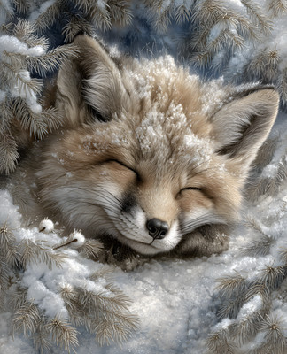 8x10 Cozy Storybook Fox Sleeping in Snow Eyes Closed Art Print - 101083792