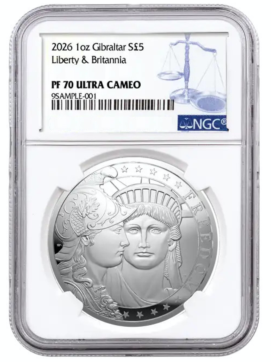 2026 Gibraltar £5 1-oz Silver Liberty & Britannia Proof NGC PF70 w