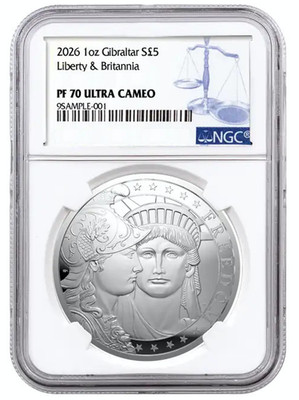 2026 Gibraltar £5 1-oz Silver Liberty & Britannia Proof NGC PF70 w