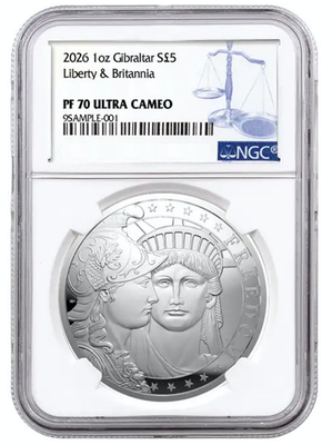 2026 Gibraltar £5 1-oz Silver Liberty & Britannia Proof NGC PF70 w