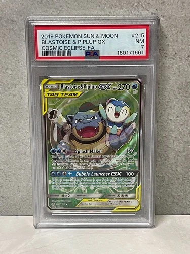 2019 Pokemon Sun & Moon Cosmic Eclipse Blastoise & Piplup GX 215/236 - PSA 7