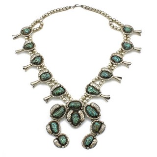 Southwest Signed Sterling Turquoise Matrix Leaf Squash Blossom Necklace #S6153 1