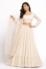 Lehenga Choli Dupatta Pants 4 Pc Ivory Gold Georgette Sequin Embroidery Sz S M