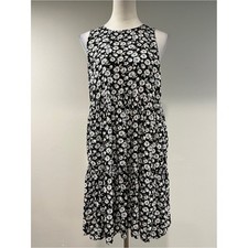Sleeveless Black Floral Tiered Dress - White Floral Print