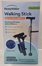ReadyWalker Folding Walking Stick Cane Black LED Light SOS Alarm Adjustable NEW!