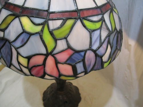 Vintage Tiffany Style Stained "Glass" Table Lamp Floral Pink Blue Green 18" Tall - Picture 2 of 9