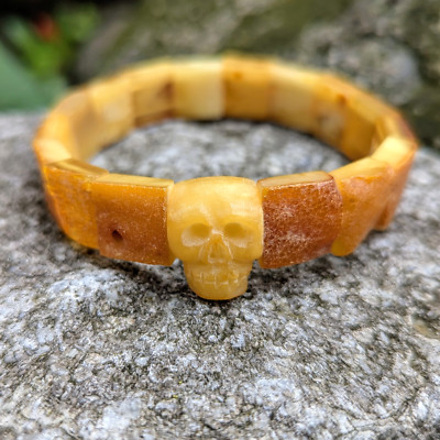 Natural Raw Amber bracelet Butterscotch Skull Bead Unique Handmade Jewelry