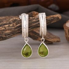 Peridot Gemstone 925 Silver Handmade Jewelry Drop Earrings Pear Shape Jewelry