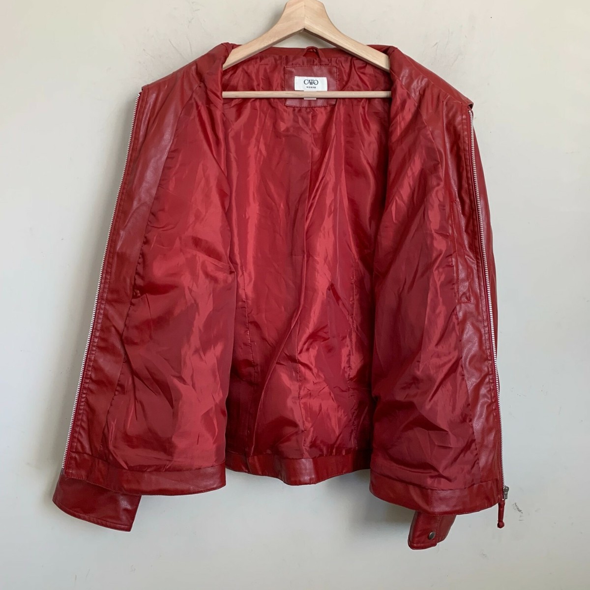 ジャケット・アウター cato CATO Woman Moto Jacket Red Faux Leather Collared Zip Pockets Lined