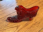 VINTAGE FENTON ART GLASS RUBY RED HOBNAIL CAT HEAD SLIPPER SHOE
