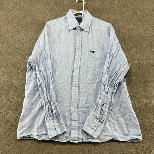 Faconnable Hemd Herren 2XL Blau Button Down Langarm Leinen Einfarbig Leicht