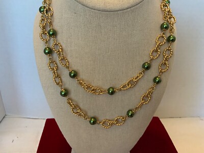 Vintage Francesca Visconti 36  Goldtone Green Faux Luxury Chain Necklace New