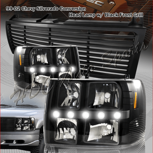For 1999-2002 Chevrolet Silverado LED DRL Conversion Black Headlights+BLK Grille - Picture 5 of 5
