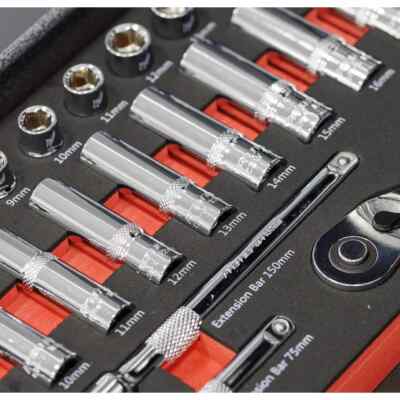 Sealey Tools Steckschlüsselsatz 3/8 Antrieb Ratsche Steckschlüssel Ext Bars in EVA-Schaumstoffeinlage FD25