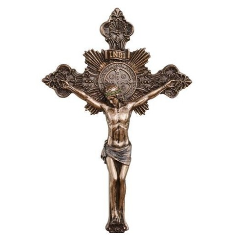 Saint Benedict Cold Cast Bronze Wall Hanging Crucifix with Optional Stand - Picture 3 of 4
