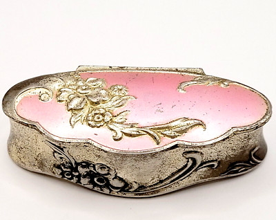 1950s Metal Pink Enamel Floral Hinged Trinket Vanity Box Lipstick Compact Holder