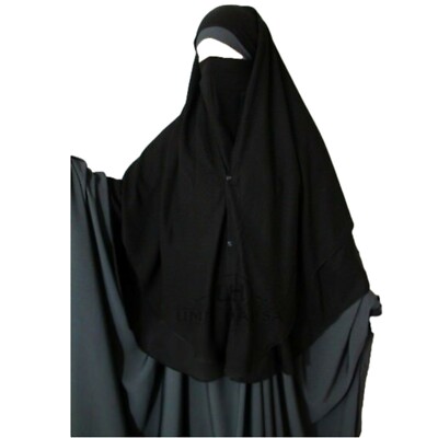 Zweilagiger Niqab mit SCHNAPPKNÖPFEN SCHWARZ (1M25 lang), Khimar, leichter Stoff