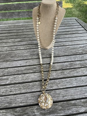 Mimco Long Chuncky Gold Tone Faux Pearls Jeweled Pendant Necklace Luxurious