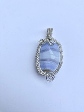Handcrafted Wire Wrapped Blue Stone Pendant Oval Amulet Silver Tone