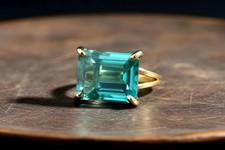 Blue Tourmaline Ring Anemone Jewelry 14k Gold Rectangle Cut Wide Band