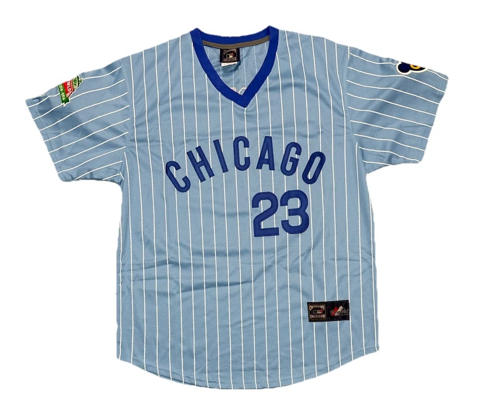 Camiseta deportiva Ryne Sandberg Chicago Cubs años 70 Wrigley azul Cooperstown grande para hombre Foto 2 de 3