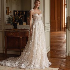 Elegant 3D Flower Wedding Dress A-line Lace Applique BeadsStraps Bridal Gown