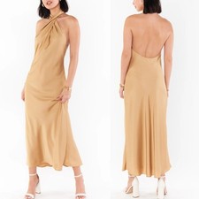 NWT Show Me Your Mumu Jasmine Halter Midi Dress in True Gold Luxe Satin XXS