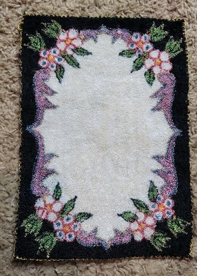 ANTIQUE  SILK HOOKED TABLE MAT KEROSENE LAMP DOILY Flower Black HANDWORK 7x10 In
