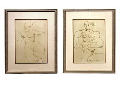 John Chin Young Nude Drawings Pair Hawaii Chinese Artist Signed Picasso Style