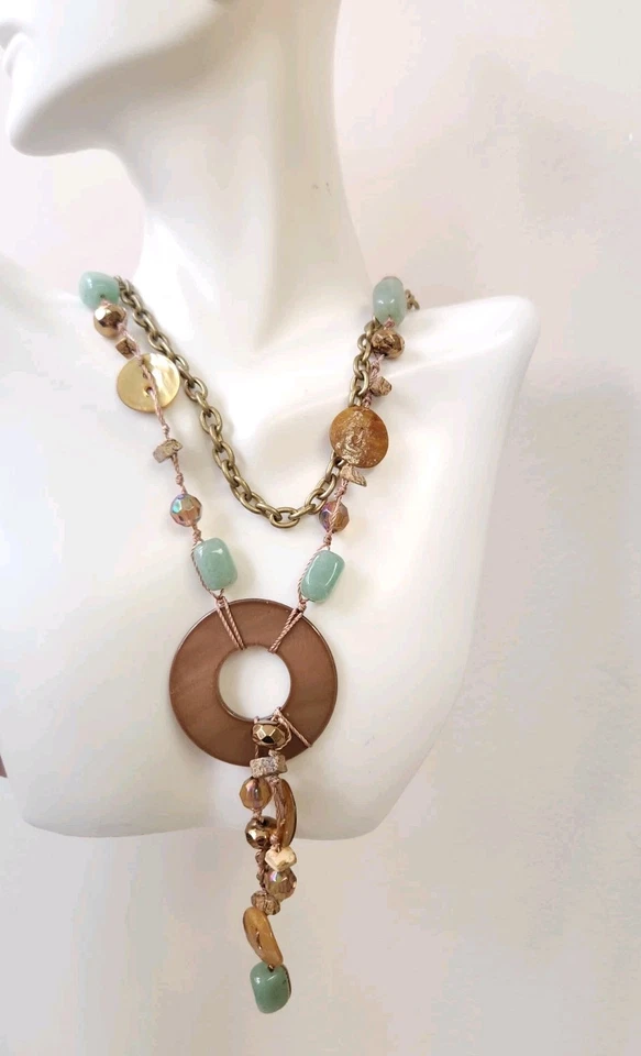 Cookie Lee Signed Mexico Native American Turquoise Shell Stone Pendant Necklace - Image 2 of 4