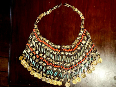 Vintage Egyptian Revival Faience & Coral  Beaded/Coin Bib Necklace