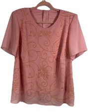 Vtg 90s Pink Beaded Silk Blouse Hand Embellished Floral Sequin Evening Top M/L