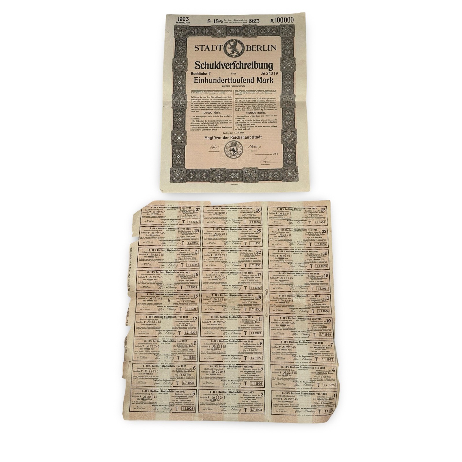 1923 Stadt Berlin 100000 Mark Bond Hyperinflation German Bond With Coupons